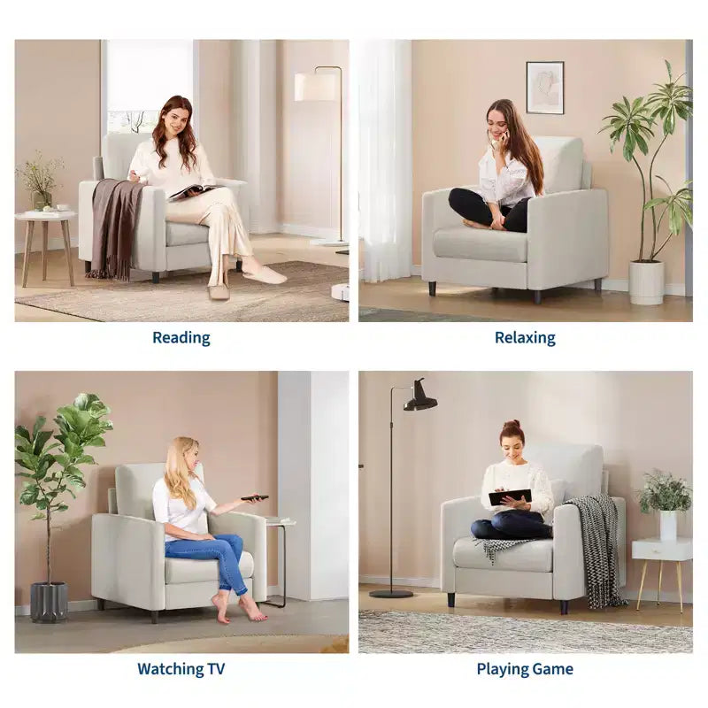 Canapé lounge Une chaise rembourrée moderne adaptée au salon ou à la chambre, dotée d'un cadre en bois de style milieu de siècle, confortable et compact.