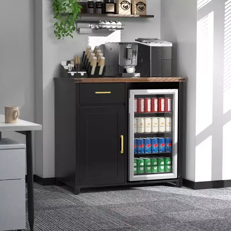 Meuble de bar à café avec espace pour mini-réfrigérateur, support pour mini-réfrigérateur, armoire à alcool et à vin pour dortoir