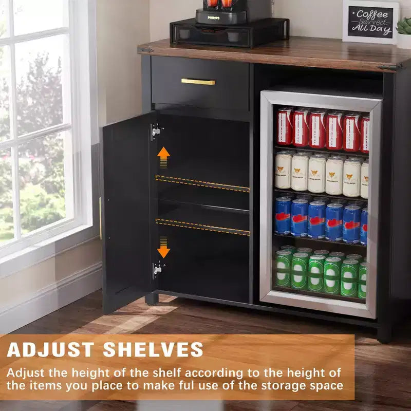 Meuble de bar à café avec espace pour mini-réfrigérateur, support pour mini-réfrigérateur, armoire à alcool et à vin pour dortoir