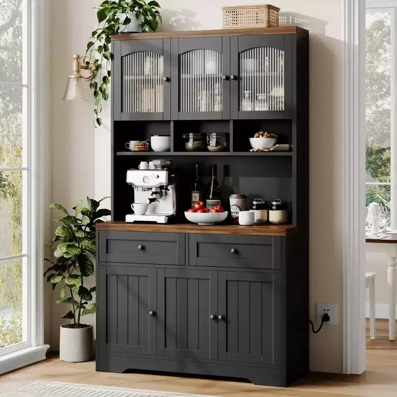 71 Pantry Cabinet with Charging Station, Tall Kitchen Pantry Storage Cabinet with Microwave Stand, Farmhouse Kitchen Hutch with Storage Drawers