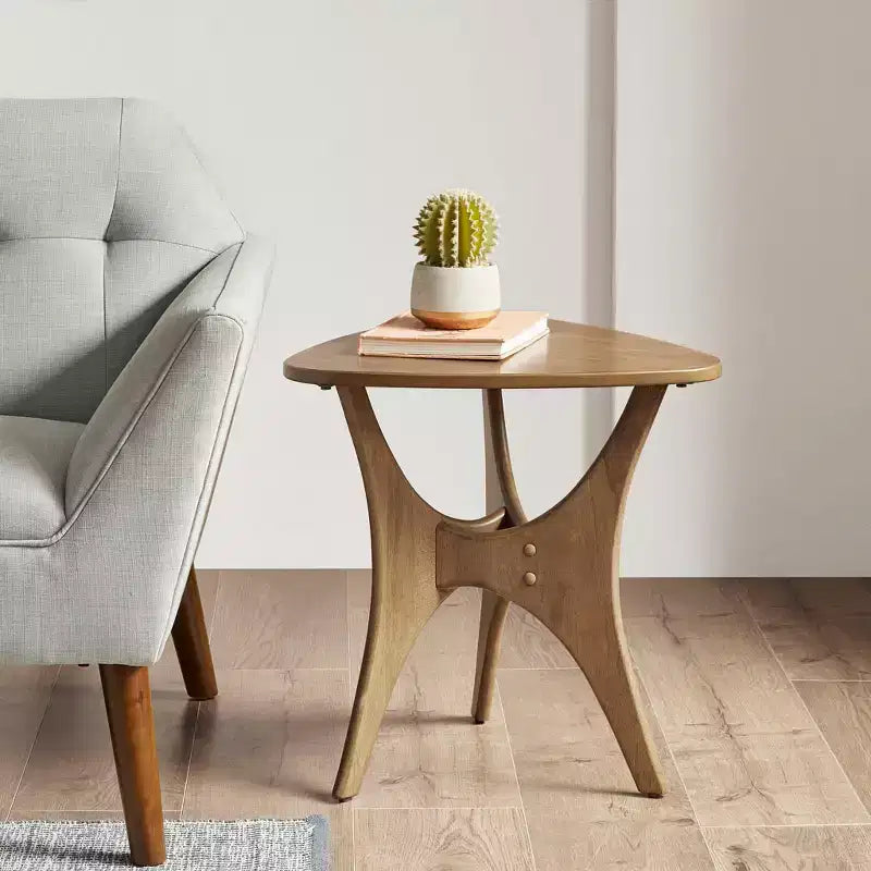 GDFStudio Calder Triangle Wood Side Table with Cross Base