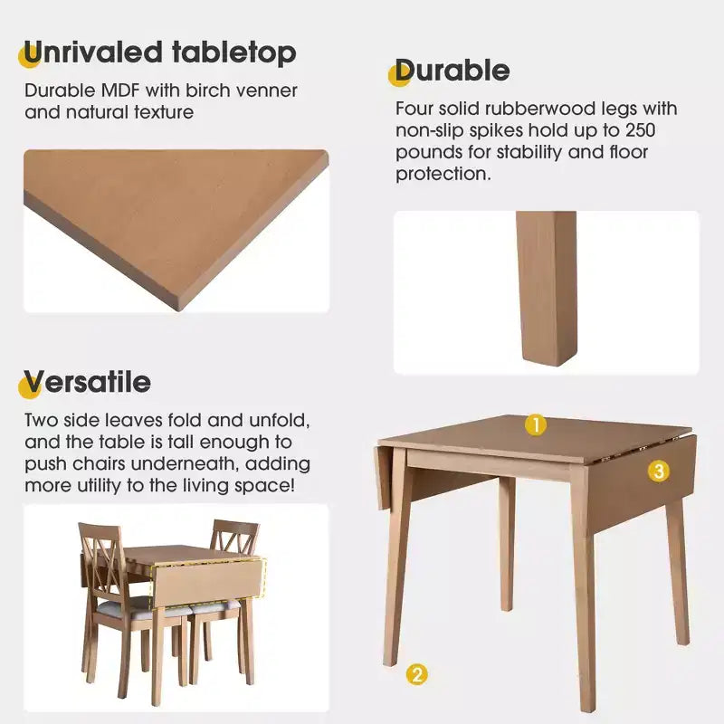 Table de salle à manger extensible 29-45 avec rallonges et pieds en bois d'hévéa