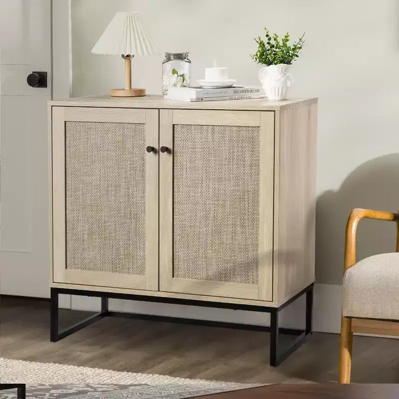 2 pack Storage Cabinet, Rattan Buffet Cabinet with Decor Doors, Multi-Functional Kitchen Cupboard Light Oak