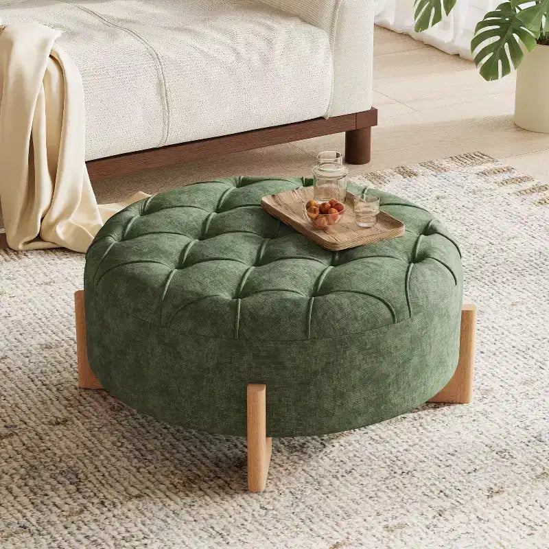 Table ottomane ronde touffue avec capitonnage boutonné en tissu chenille et repose-pieds