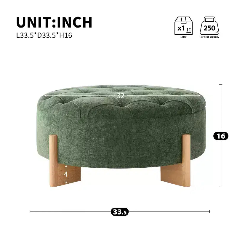 Table ottomane ronde touffue avec capitonnage boutonné en tissu chenille et repose-pieds