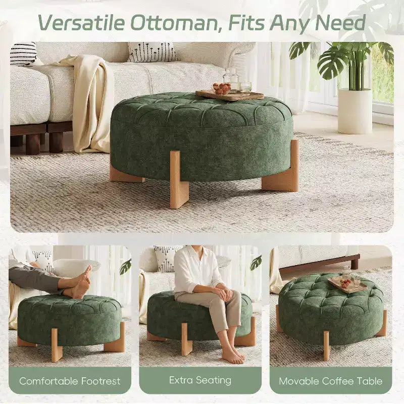 Table ottomane ronde touffue avec capitonnage boutonné en tissu chenille et repose-pieds