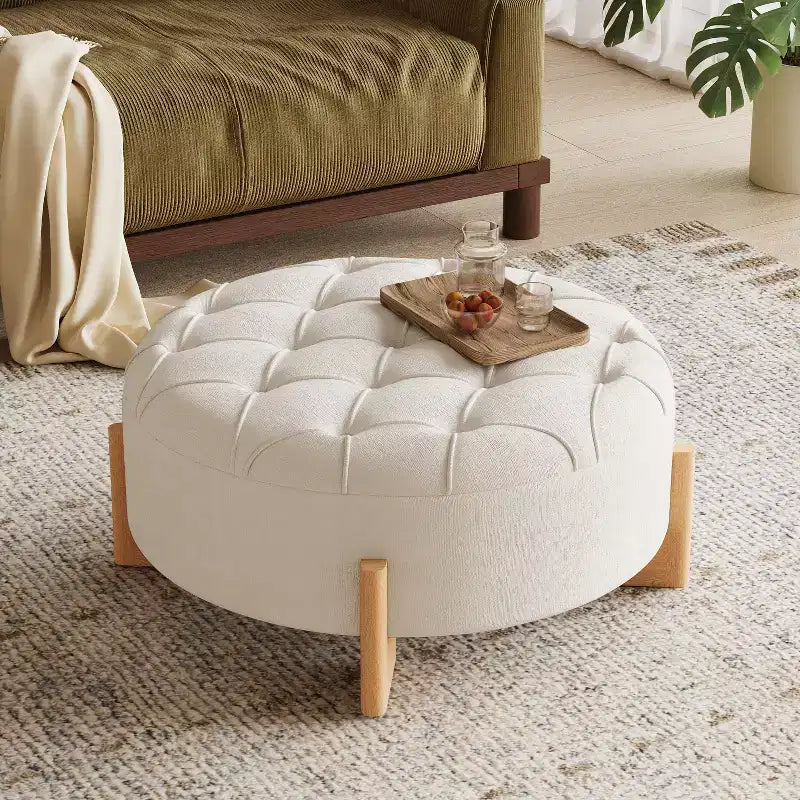 Table ottomane ronde touffue avec capitonnage boutonné en tissu chenille et repose-pieds
