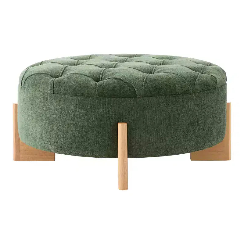 Table ottomane ronde touffue avec capitonnage boutonné en tissu chenille et repose-pieds