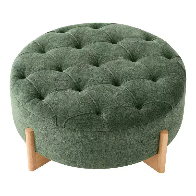 Table ottomane ronde touffue avec capitonnage boutonné en tissu chenille et repose-pieds