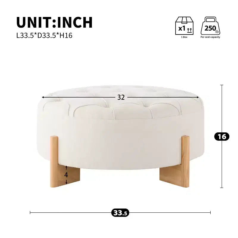 Table ottomane ronde touffue avec capitonnage boutonné en tissu chenille et repose-pieds