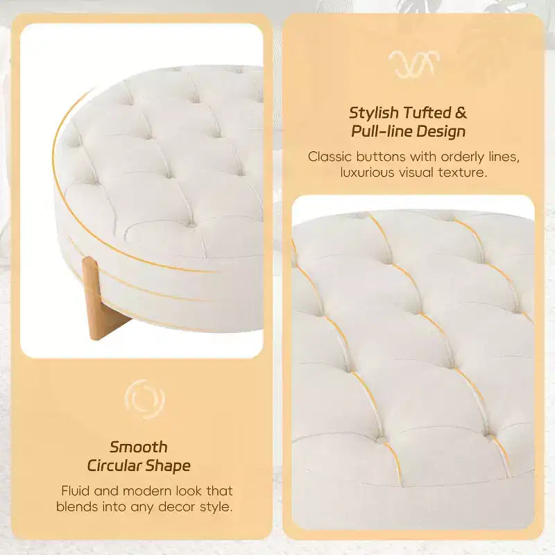Table ottomane ronde touffue avec capitonnage boutonné en tissu chenille et repose-pieds