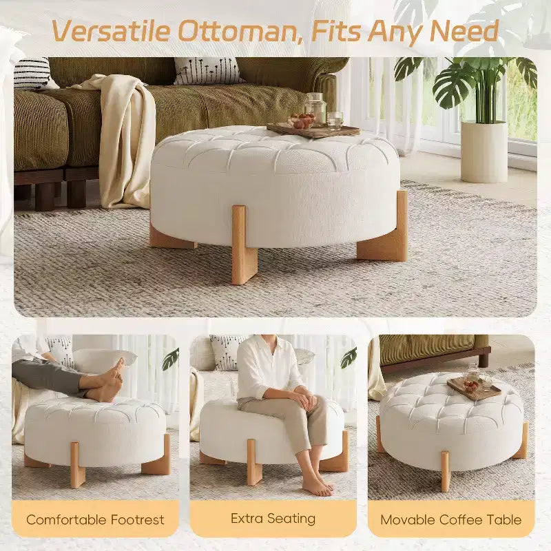 Table ottomane ronde touffue avec capitonnage boutonné en tissu chenille et repose-pieds