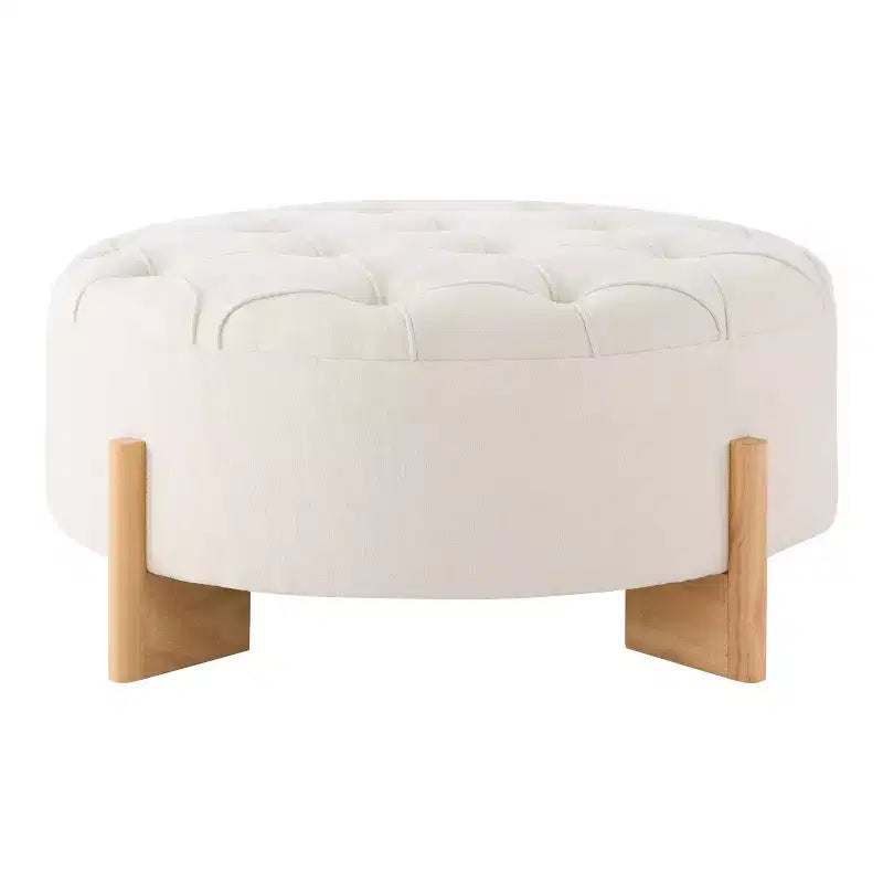 Table ottomane ronde touffue avec capitonnage boutonné en tissu chenille et repose-pieds