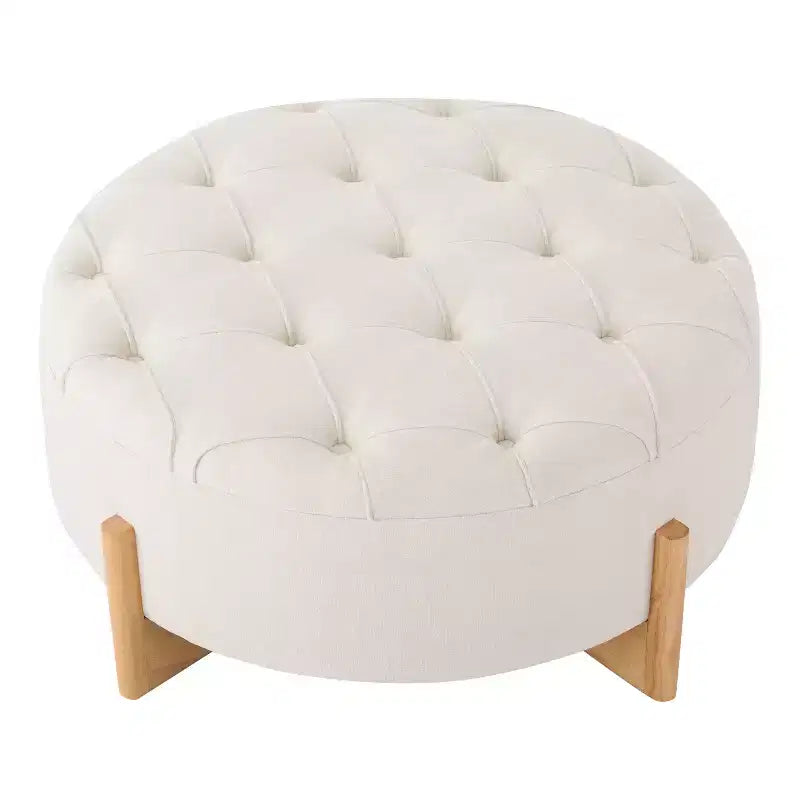 Table ottomane ronde touffue avec capitonnage boutonné en tissu chenille et repose-pieds