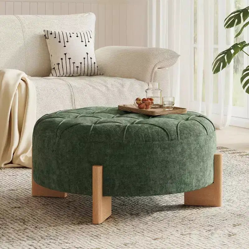 Table ottomane ronde touffue avec capitonnage boutonné en tissu chenille et repose-pieds