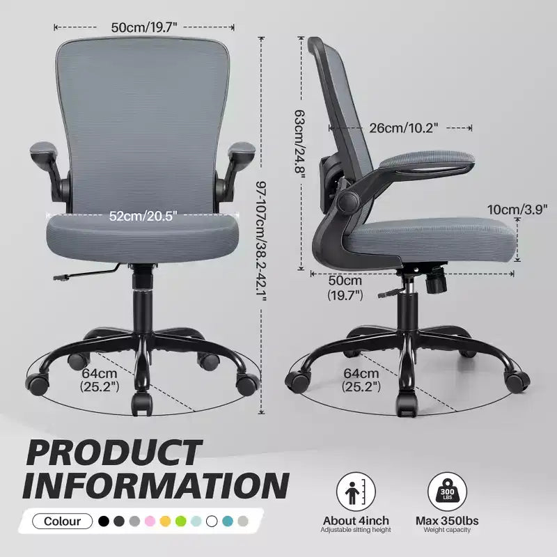 Chaise de bureau ergonomique, Chaise d'ordinateur en maille, avec support lombaire, Accoudoirs rotatifs et réversibles, Réglable en hauteur