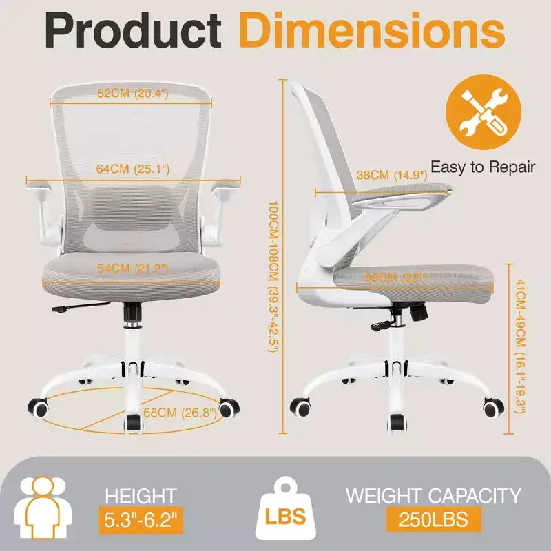 Chaise de bureau ergonomique, Chaise d'ordinateur en maille, avec support lombaire, Accoudoirs rotatifs et réversibles, Réglable en hauteur