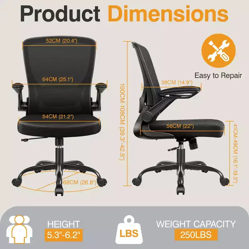 Chaise de bureau ergonomique, Chaise d'ordinateur en maille, avec support lombaire, Accoudoirs rotatifs et réversibles, Réglable en hauteur