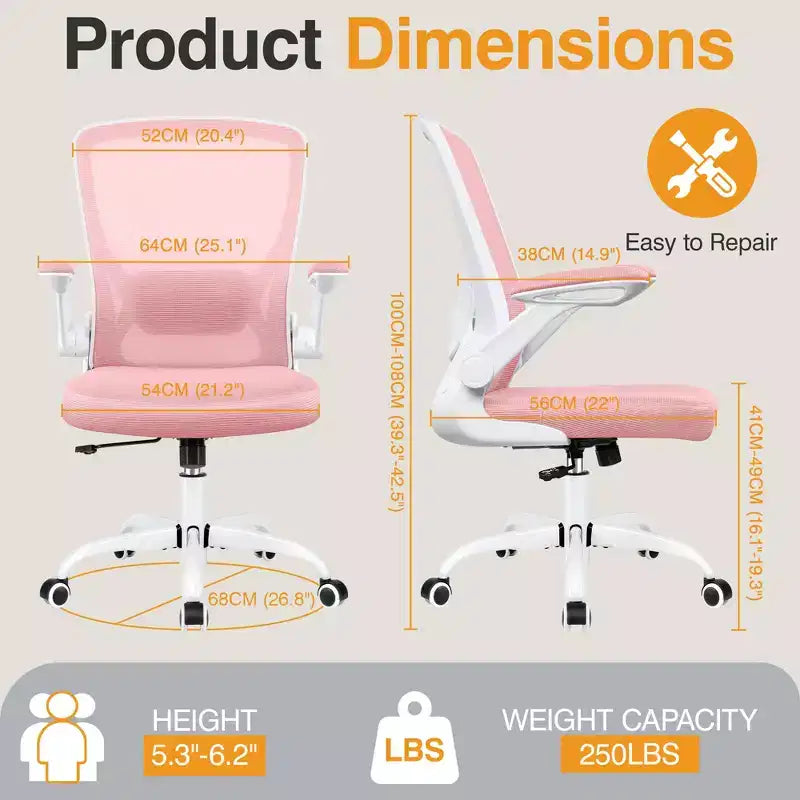 Chaise de bureau ergonomique, Chaise d'ordinateur en maille, avec support lombaire, Accoudoirs rotatifs et réversibles, Réglable en hauteur
