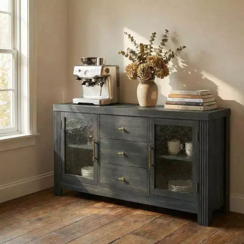54.4 Modern Buffet Sideboard with 2 Glass Doors &amp; 3 Drawers,Versatile Storage Cabinet, Coffee Bar, TV Stand for Living Room, Kitchen, Dining Room