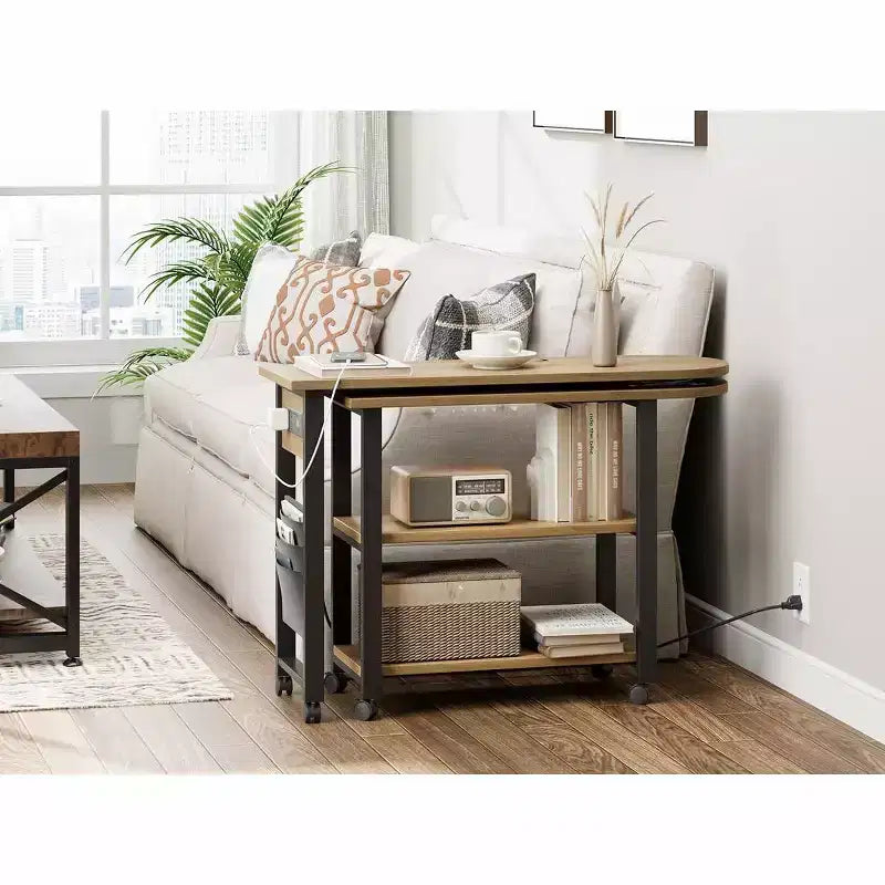 Table d'appoint pivotante à 360° pour canapé, table basse mobile à 2 niveaux, poche de rangement supplémentaire, 6 roulettes pivotantes verrouillables, polyvalente pour salon, chambre à coucher