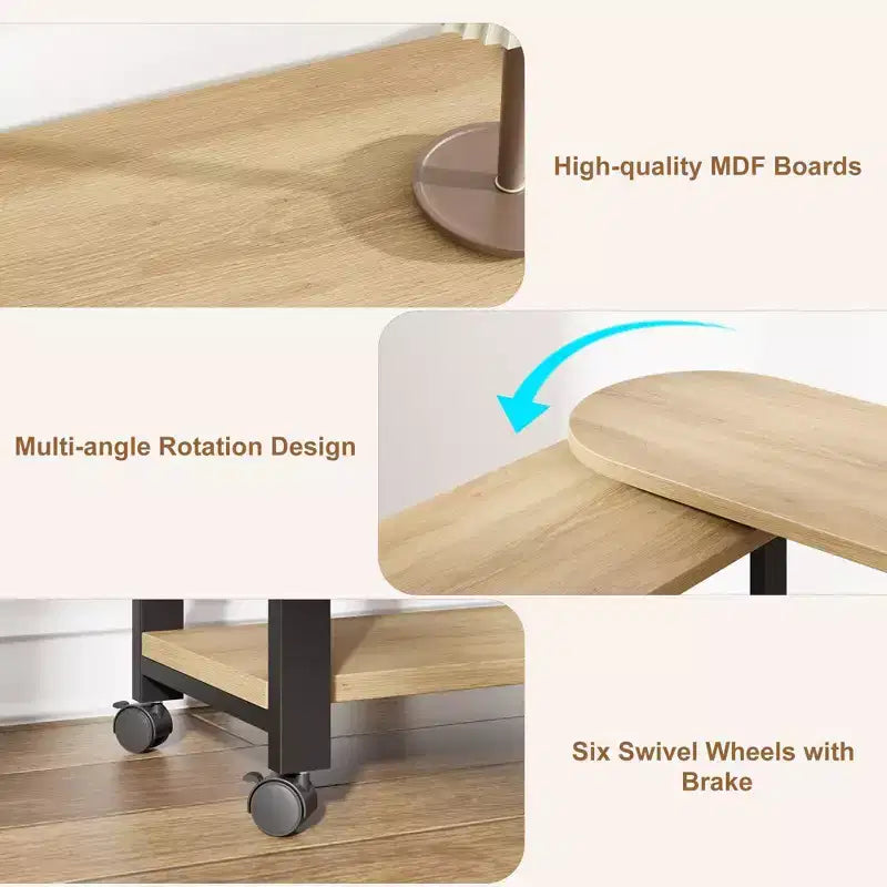 Table d'appoint pivotante à 360° pour canapé, table basse mobile à 2 niveaux, poche de rangement supplémentaire, 6 roulettes pivotantes verrouillables, polyvalente pour salon, chambre à coucher