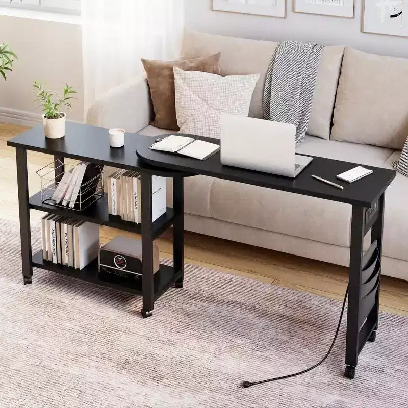 Table d'appoint pivotante à 360° pour canapé, table basse mobile à 2 niveaux, poche de rangement supplémentaire, 6 roulettes pivotantes verrouillables, polyvalente pour salon, chambre à coucher