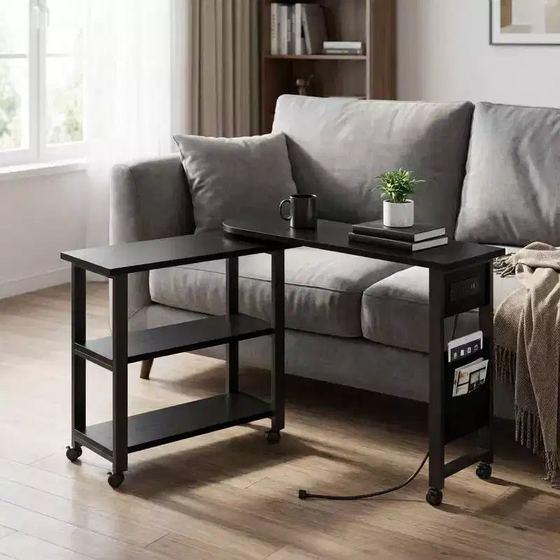 Table d'appoint pivotante à 360° pour canapé, table basse mobile à 2 niveaux, poche de rangement supplémentaire, 6 roulettes pivotantes verrouillables, polyvalente pour salon, chambre à coucher