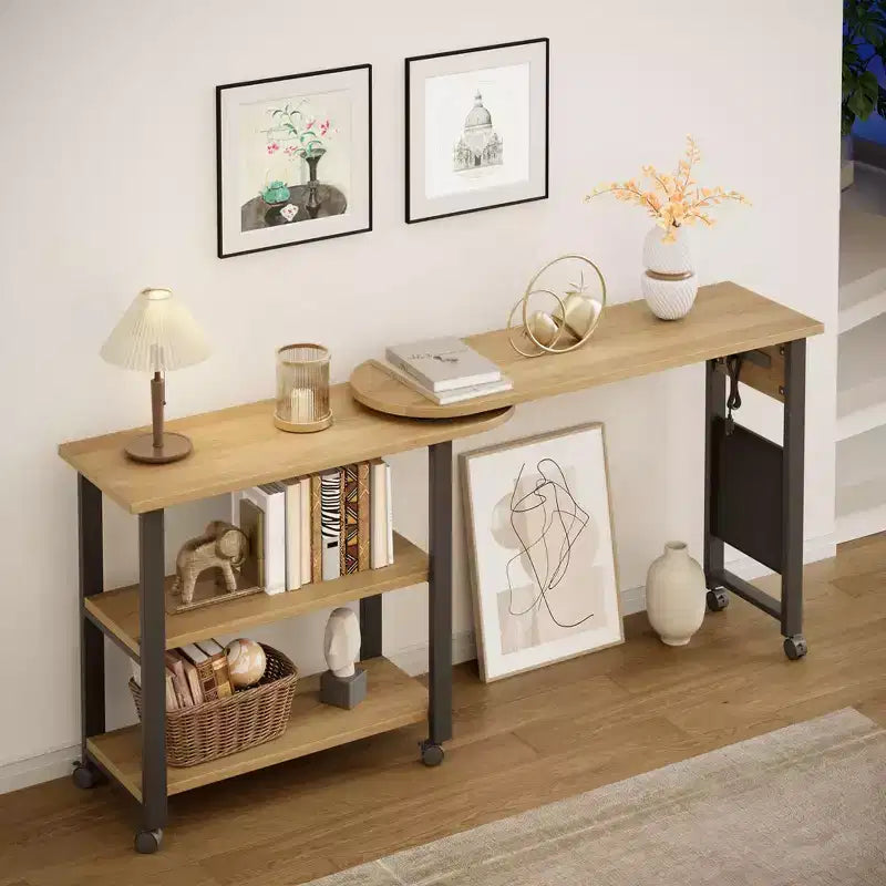 Table d'appoint pivotante à 360° pour canapé, table basse mobile à 2 niveaux, poche de rangement supplémentaire, 6 roulettes pivotantes verrouillables, polyvalente pour salon, chambre à coucher