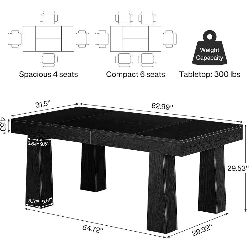 Table à manger rectangulaire moderne de 160 cm avec pieds coniques robustes, noire, pour salle à manger