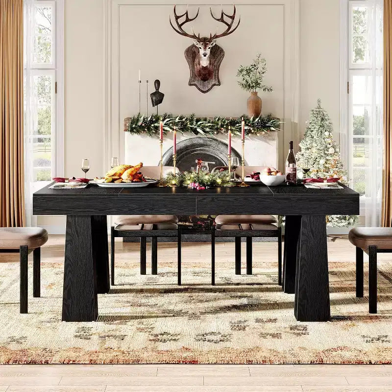 Table à manger rectangulaire moderne de 160 cm avec pieds coniques robustes, noire, pour salle à manger