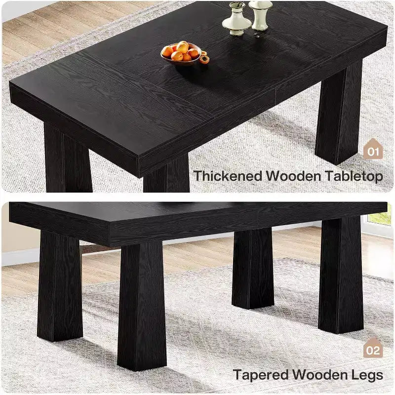 Table à manger rectangulaire moderne de 160 cm avec pieds coniques robustes, noire, pour salle à manger