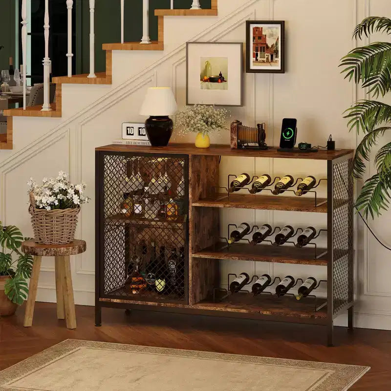 Coffee Bar Cabinet, 42/47 in Industrial Wine Cabinet with LED Lights &amp; Power Outlets, Rustic Brown Wood with Glass Holders