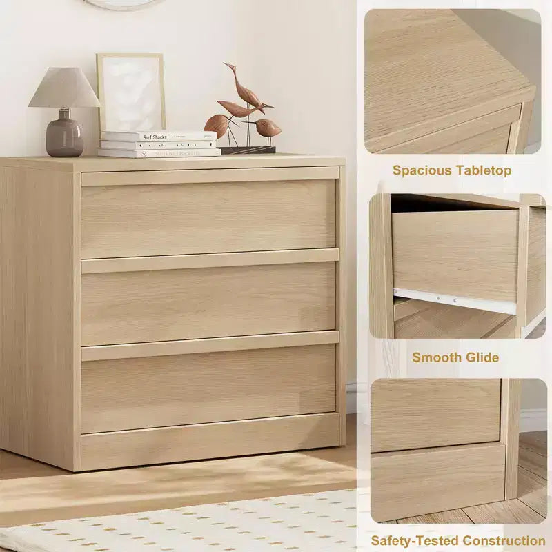 Commode 3/4 tiroirs pour chambre à coucher, Table de chevet en chêne naturel 3 tiroirs avec grand rangement, Petite table d'appoint moderne pour salon, chambre d'enfant