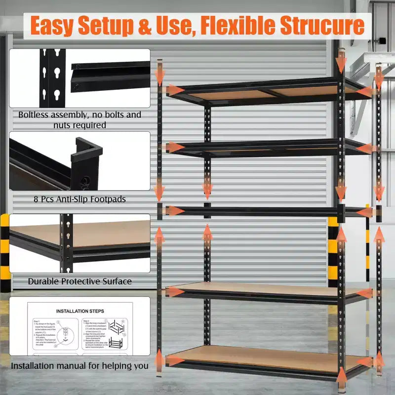 Étagères de garage à 5 niveaux, étagères de rangement métalliques robustes réglables, charge 1360 kg, étagères de rangement de garage réglables, rangement en métal