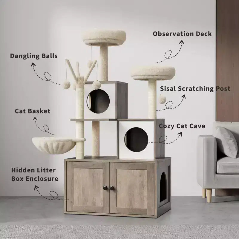 Meuble bac à litière en bois multi-niveaux avec poteau à griffer et grotte pour chat, Meuble litière pour chat caché avec poteau à griffer en sisal, Niche douillette
