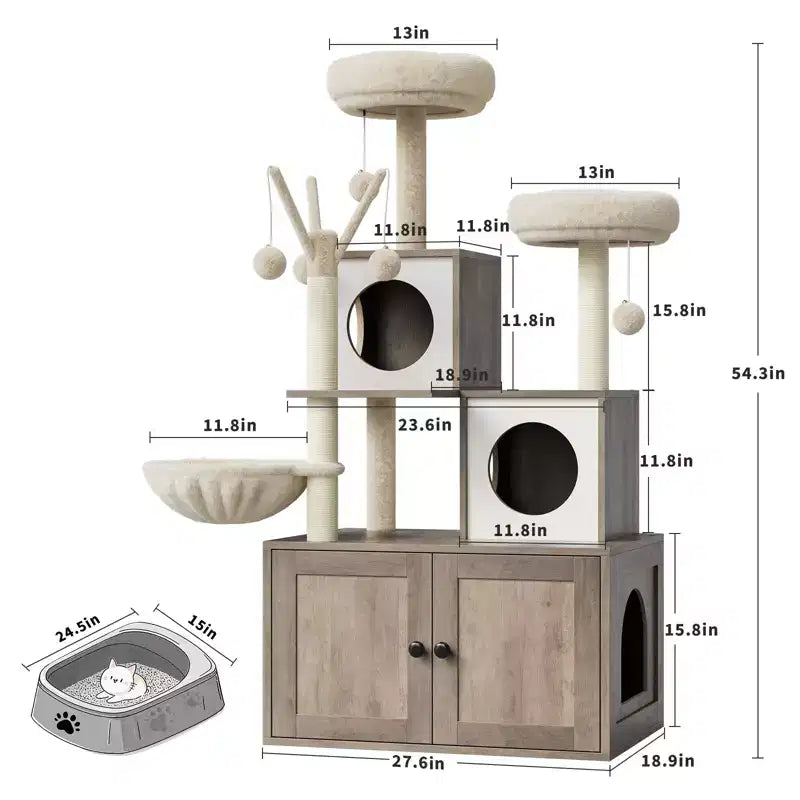 Meuble bac à litière en bois multi-niveaux avec poteau à griffer et grotte pour chat, Meuble litière pour chat caché avec poteau à griffer en sisal, Niche douillette