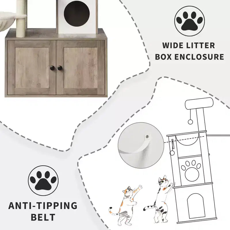 Meuble bac à litière en bois multi-niveaux avec poteau à griffer et grotte pour chat, Meuble litière pour chat caché avec poteau à griffer en sisal, Niche douillette