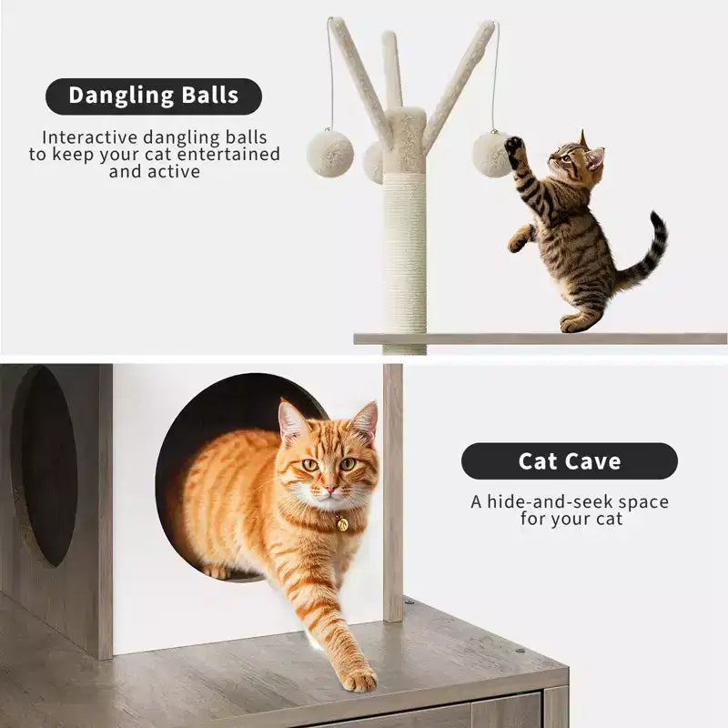 Meuble bac à litière en bois multi-niveaux avec poteau à griffer et grotte pour chat, Meuble litière pour chat caché avec poteau à griffer en sisal, Niche douillette