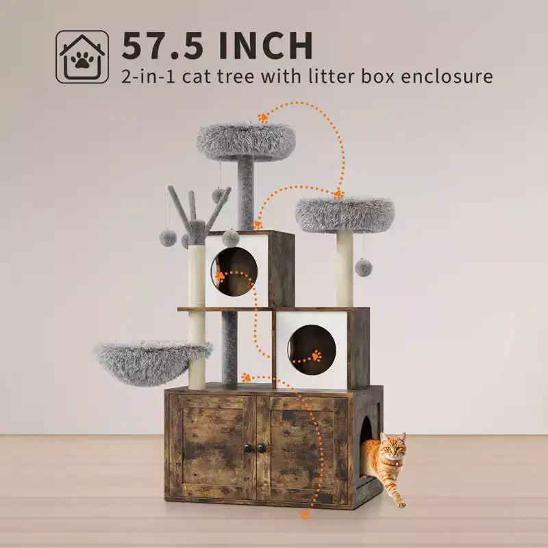 Meuble bac à litière en bois multi-niveaux avec poteau à griffer et grotte pour chat, Meuble litière pour chat caché avec poteau à griffer en sisal, Niche douillette