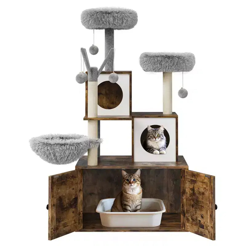 Meuble bac à litière en bois multi-niveaux avec poteau à griffer et grotte pour chat, Meuble litière pour chat caché avec poteau à griffer en sisal, Niche douillette