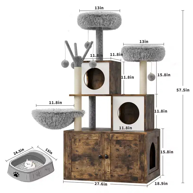 Meuble bac à litière en bois multi-niveaux avec poteau à griffer et grotte pour chat, Meuble litière pour chat caché avec poteau à griffer en sisal, Niche douillette
