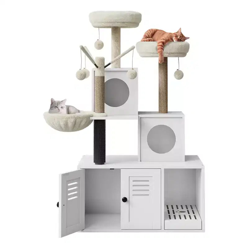Meuble bac à litière en bois multi-niveaux avec poteau à griffer et grotte pour chat, Meuble litière pour chat caché avec poteau à griffer en sisal, Niche douillette