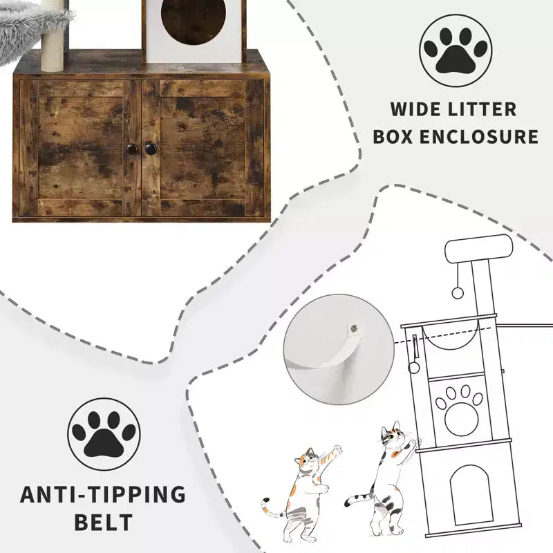 Meuble bac à litière en bois multi-niveaux avec poteau à griffer et grotte pour chat, Meuble litière pour chat caché avec poteau à griffer en sisal, Niche douillette
