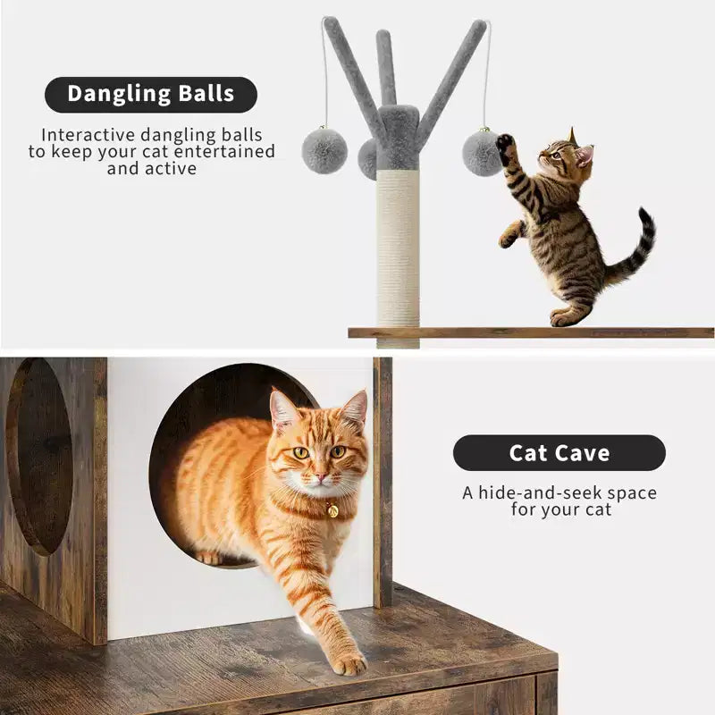 Meuble bac à litière en bois multi-niveaux avec poteau à griffer et grotte pour chat, Meuble litière pour chat caché avec poteau à griffer en sisal, Niche douillette