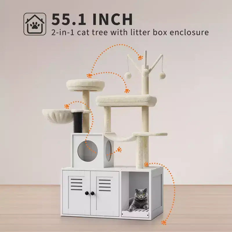 Meuble bac à litière en bois multi-niveaux avec poteau à griffer et grotte pour chat, Meuble litière pour chat caché avec poteau à griffer en sisal, Niche douillette