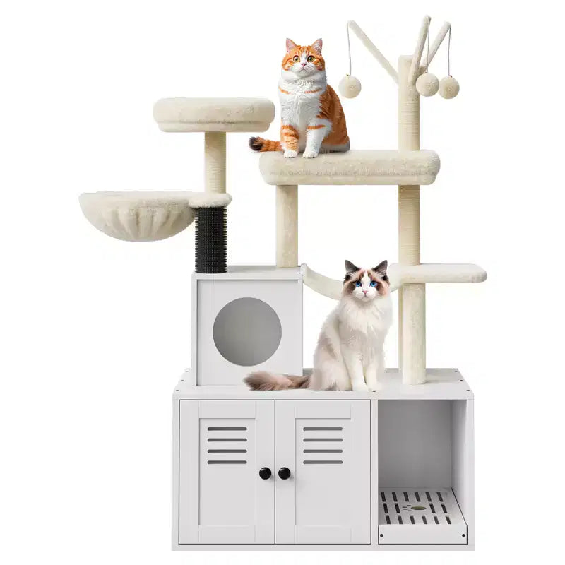 Meuble bac à litière en bois multi-niveaux avec poteau à griffer et grotte pour chat, Meuble litière pour chat caché avec poteau à griffer en sisal, Niche douillette