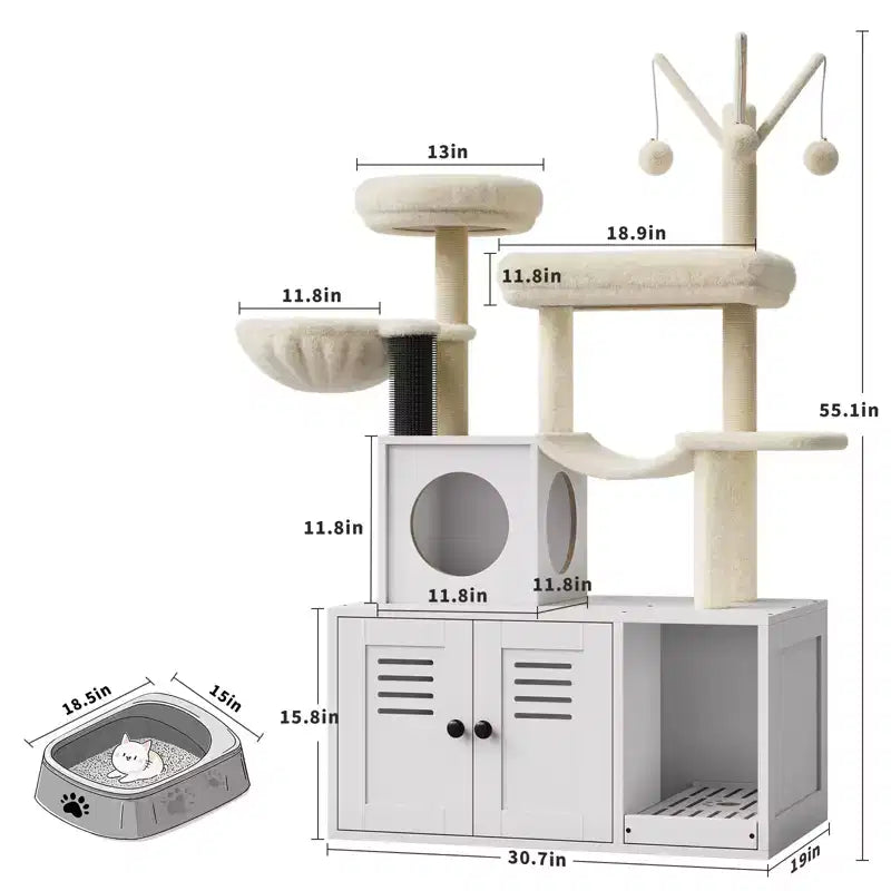Meuble bac à litière en bois multi-niveaux avec poteau à griffer et grotte pour chat, Meuble litière pour chat caché avec poteau à griffer en sisal, Niche douillette