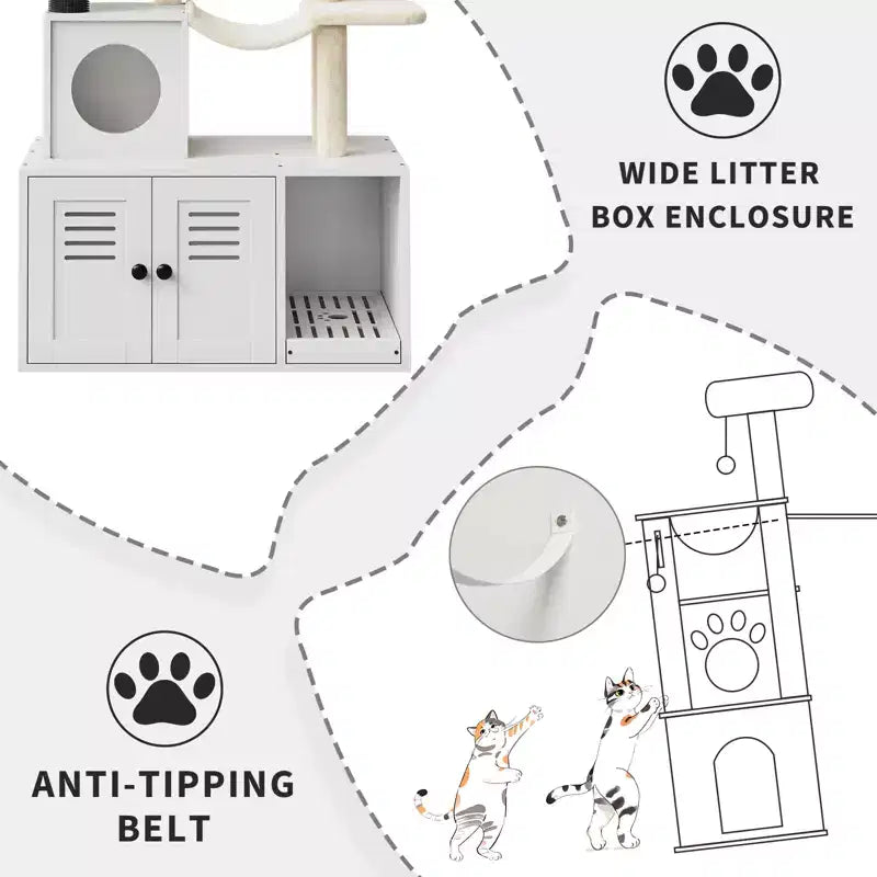 Meuble bac à litière en bois multi-niveaux avec poteau à griffer et grotte pour chat, Meuble litière pour chat caché avec poteau à griffer en sisal, Niche douillette