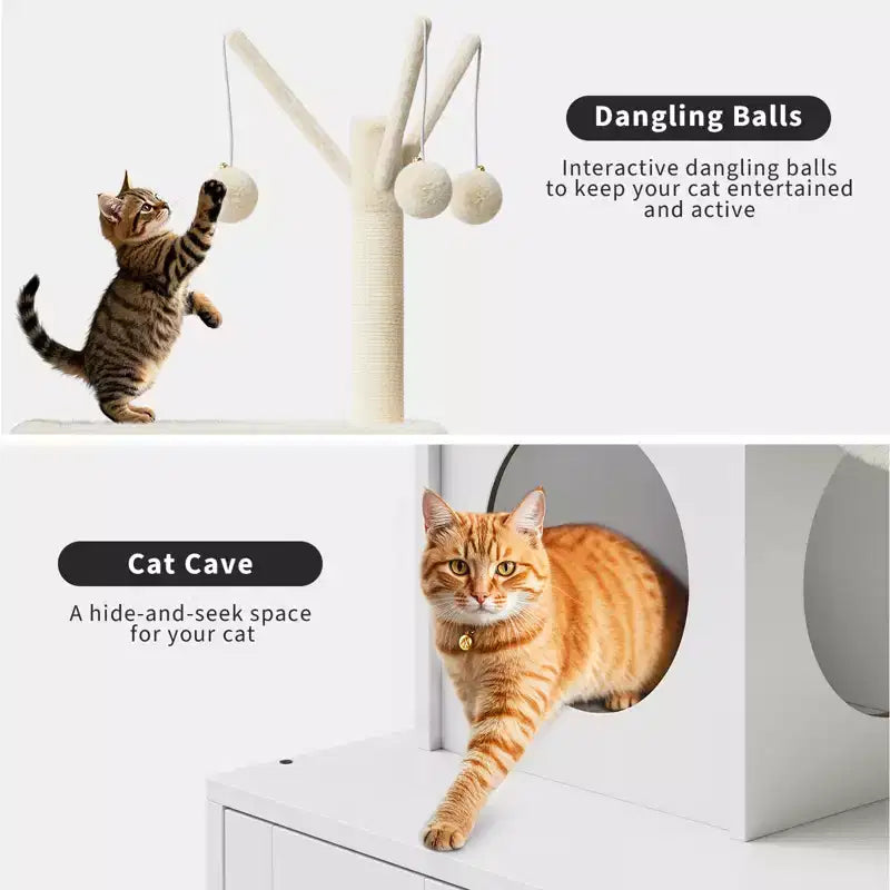 Meuble bac à litière en bois multi-niveaux avec poteau à griffer et grotte pour chat, Meuble litière pour chat caché avec poteau à griffer en sisal, Niche douillette